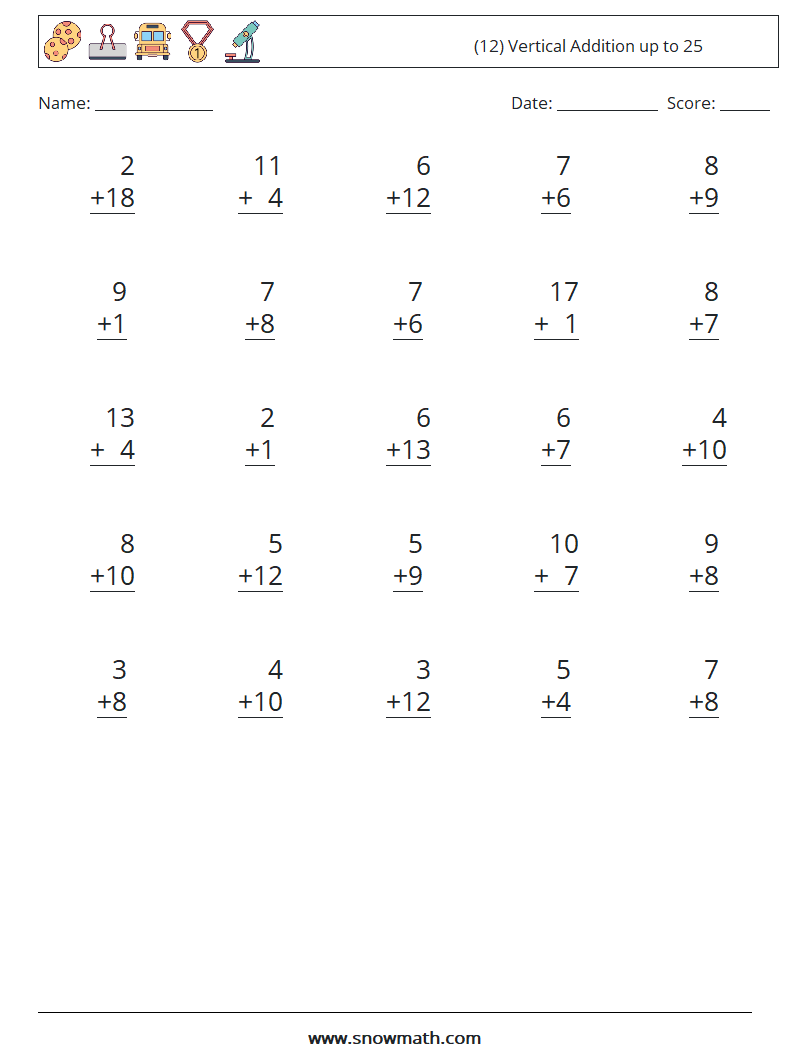 (12) Vertical Addition up to 25 Math Worksheets 7