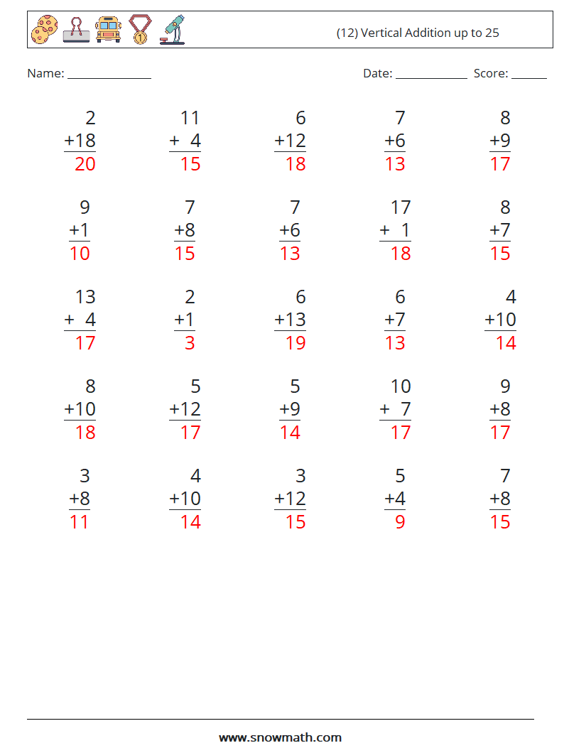 (12) Vertical Addition up to 25 Math Worksheets 7 Question, Answer