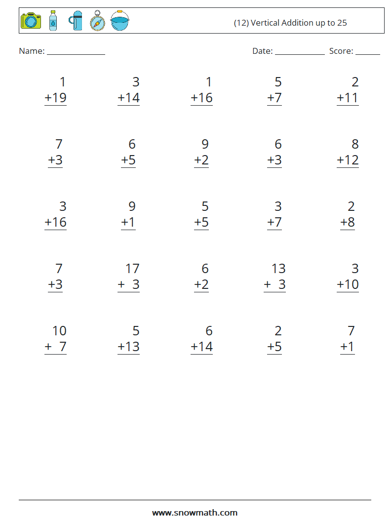 (12) Vertical Addition up to 25 Math Worksheets 8