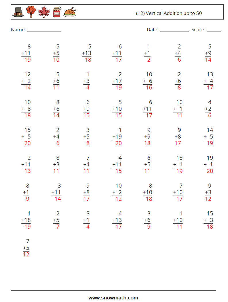 (12) Vertical Addition up to 50 Math Worksheets 10 Question, Answer