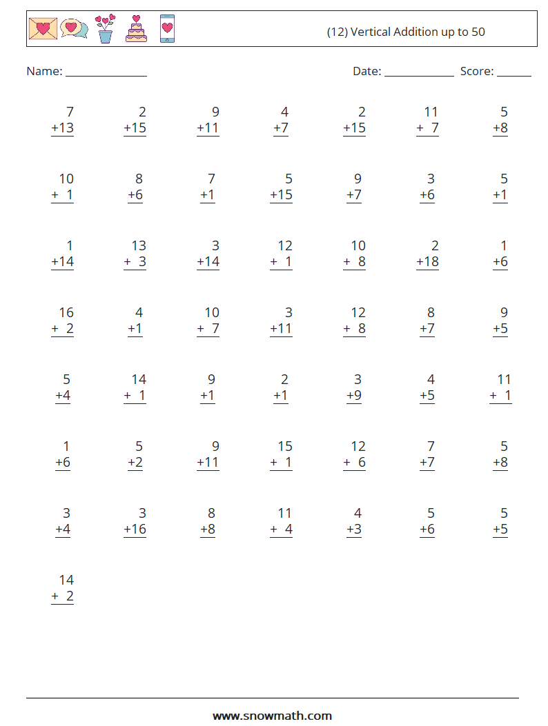 (12) Vertical Addition up to 50 Math Worksheets 3