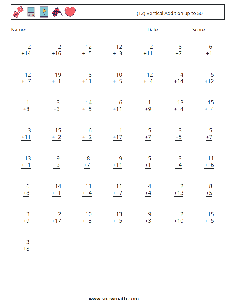 (12) Vertical Addition up to 50 Math Worksheets 4