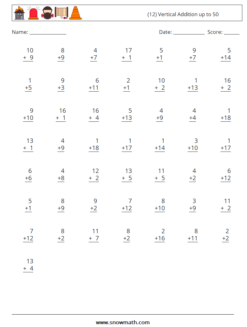 (12) Vertical Addition up to 50 Math Worksheets 7