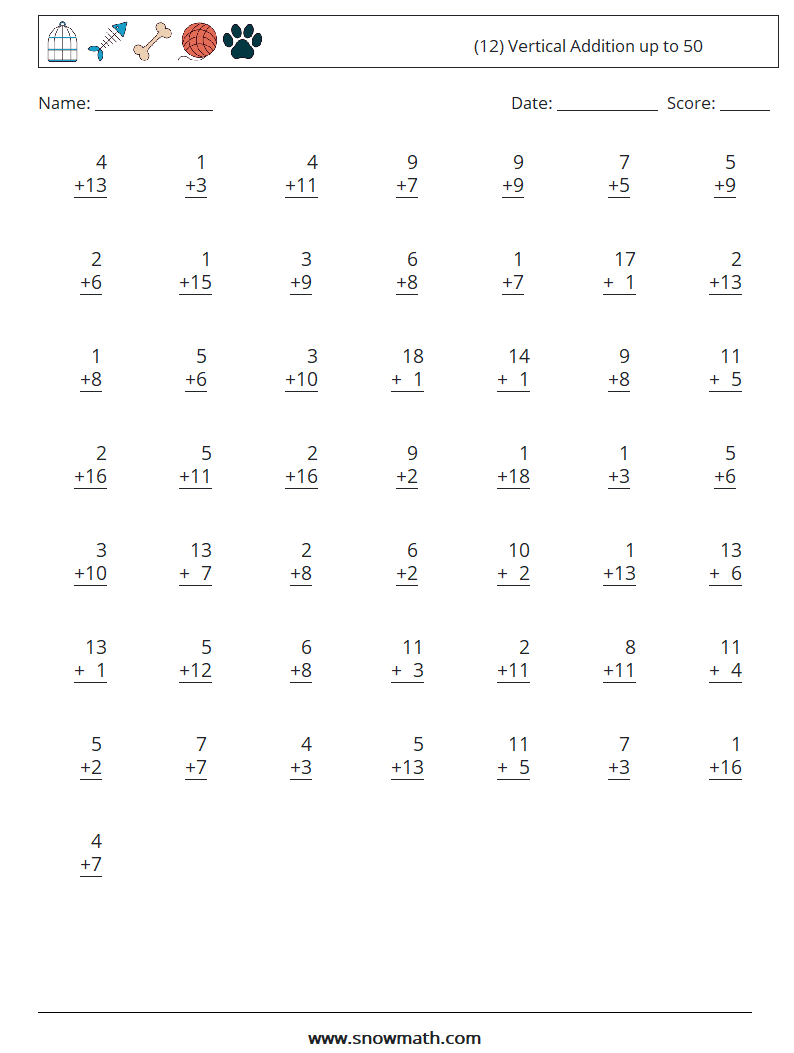 (12) Vertical Addition up to 50 Math Worksheets 9