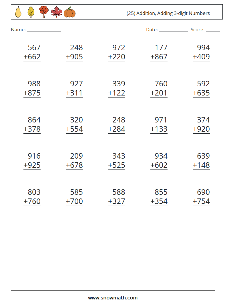 (25) Addition, Adding 3-digit Numbers Math Worksheets 10