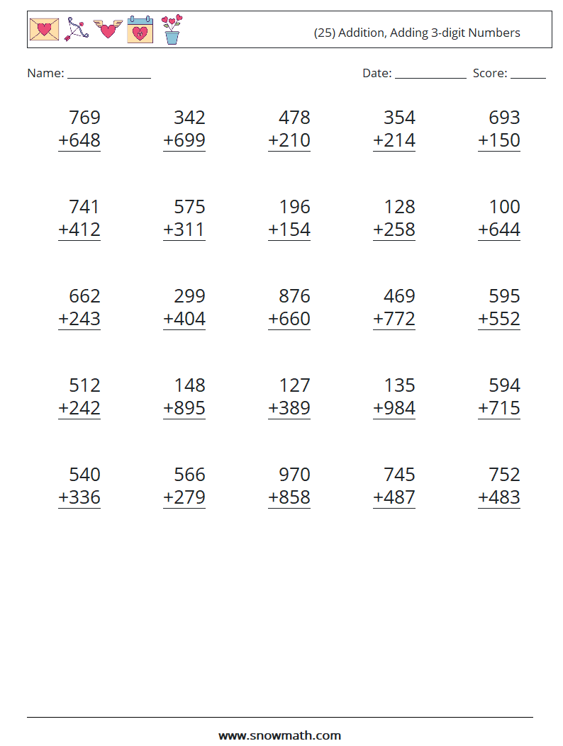 (25) Addition, Adding 3-digit Numbers Math Worksheets 11