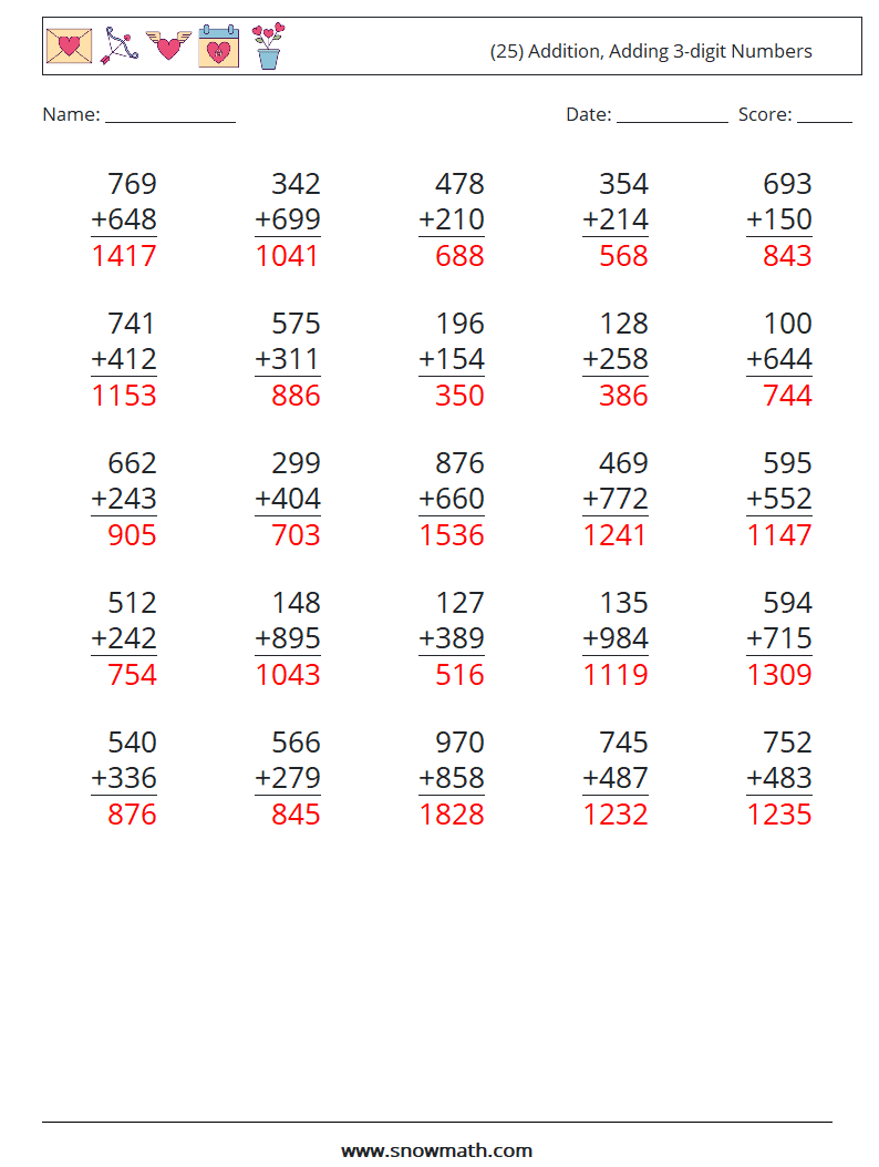 (25) Addition, Adding 3-digit Numbers Math Worksheets 11 Question, Answer