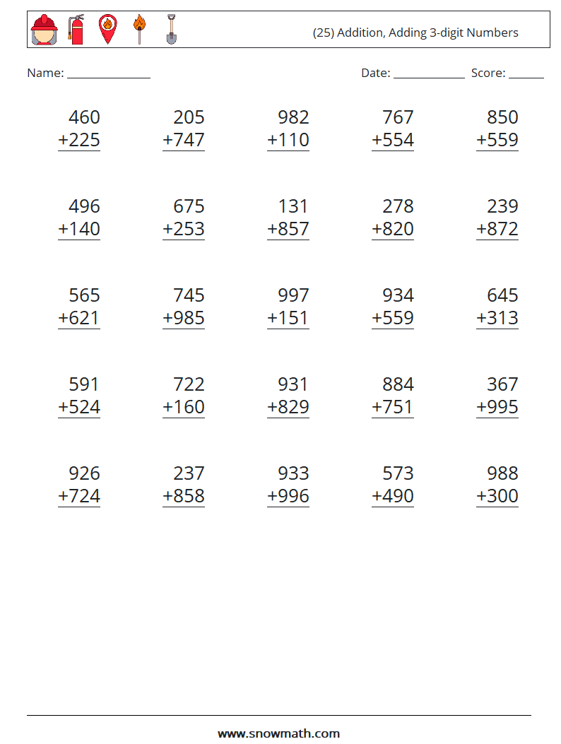 (25) Addition, Adding 3-digit Numbers Math Worksheets 12