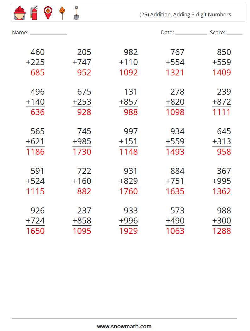 (25) Addition, Adding 3-digit Numbers Math Worksheets 12 Question, Answer