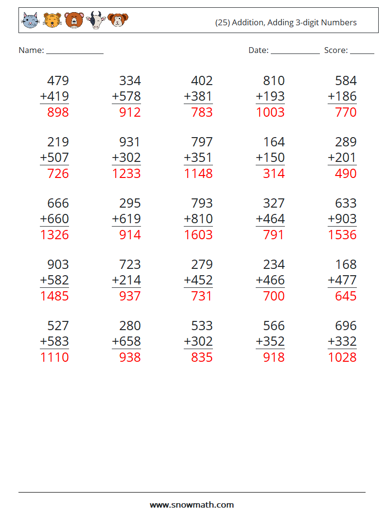 (25) Addition, Adding 3-digit Numbers Math Worksheets 13 Question, Answer