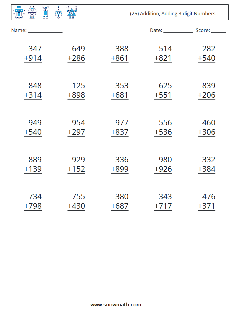 (25) Addition, Adding 3-digit Numbers Math Worksheets 15