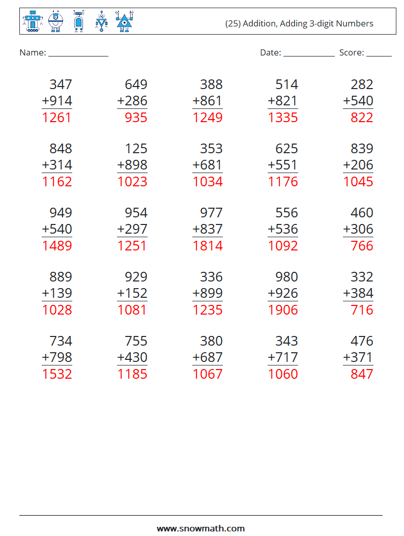 (25) Addition, Adding 3-digit Numbers Math Worksheets 15 Question, Answer