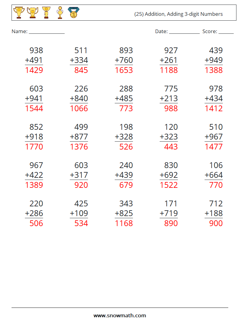 (25) Addition, Adding 3-digit Numbers Math Worksheets 16 Question, Answer