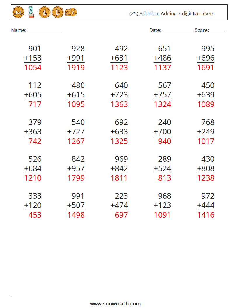 (25) Addition, Adding 3-digit Numbers Math Worksheets 17 Question, Answer