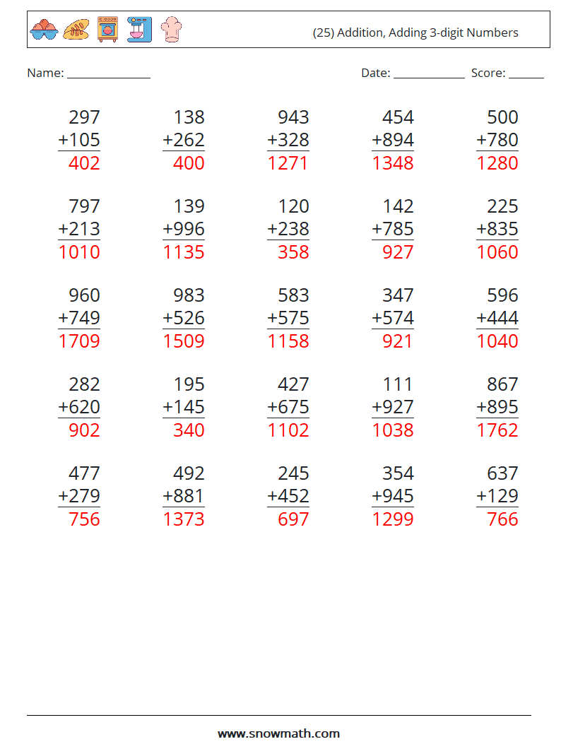 (25) Addition, Adding 3-digit Numbers Math Worksheets 18 Question, Answer