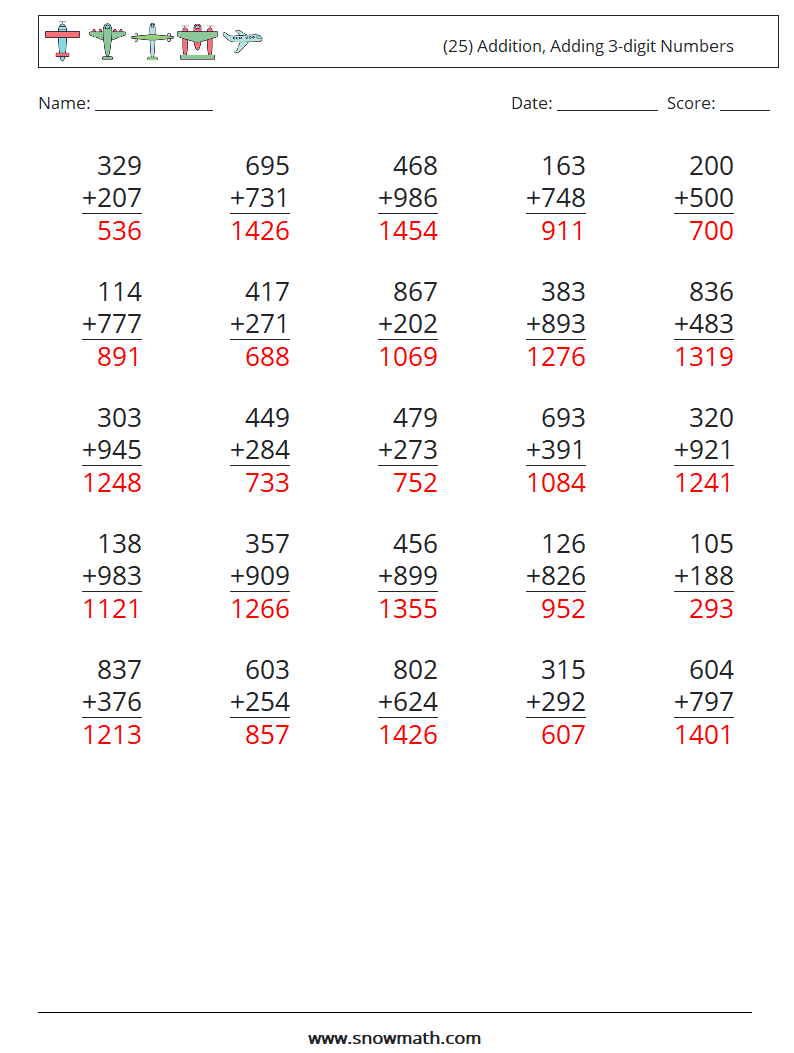 (25) Addition, Adding 3-digit Numbers Math Worksheets 1 Question, Answer