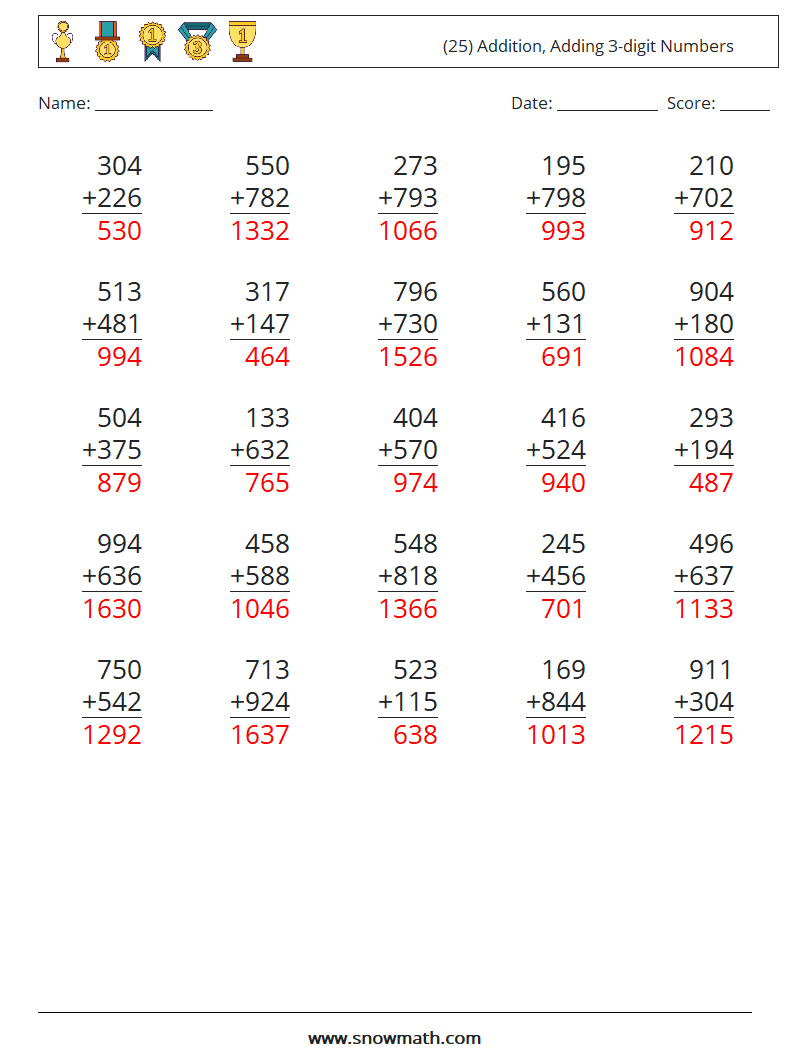 (25) Addition, Adding 3-digit Numbers Math Worksheets 2 Question, Answer