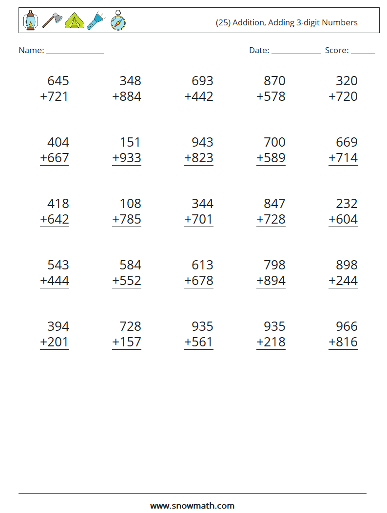 (25) Addition, Adding 3-digit Numbers Math Worksheets 3