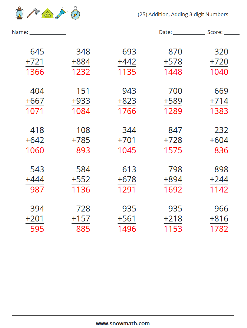 (25) Addition, Adding 3-digit Numbers Math Worksheets 3 Question, Answer