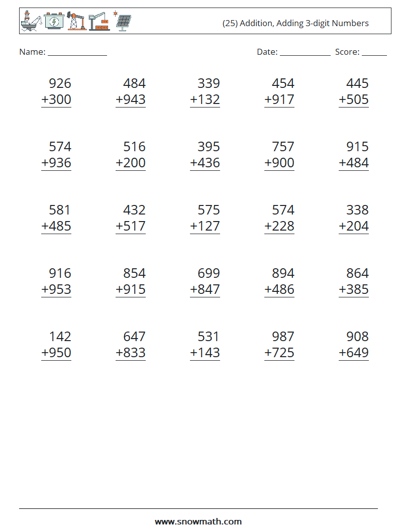 (25) Addition, Adding 3-digit Numbers Math Worksheets 4