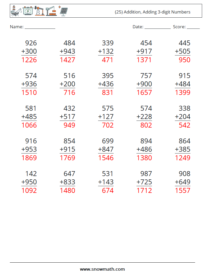 (25) Addition, Adding 3-digit Numbers Math Worksheets 4 Question, Answer