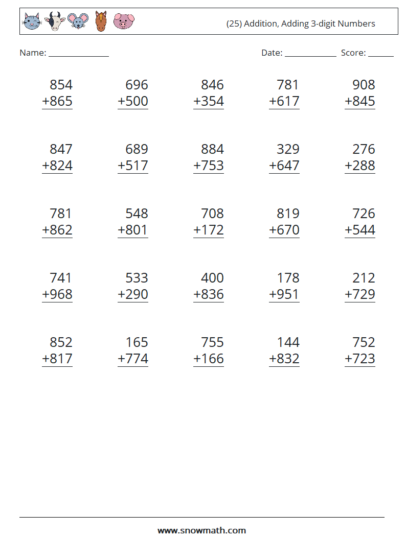 (25) Addition, Adding 3-digit Numbers Math Worksheets 5