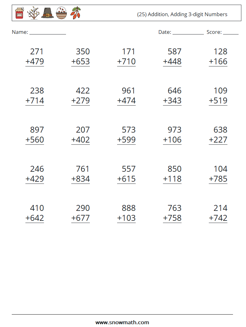 (25) Addition, Adding 3-digit Numbers Math Worksheets 7