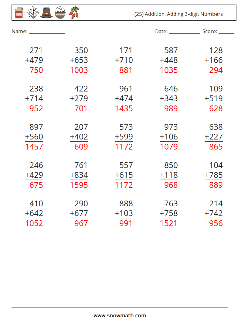 (25) Addition, Adding 3-digit Numbers Math Worksheets 7 Question, Answer