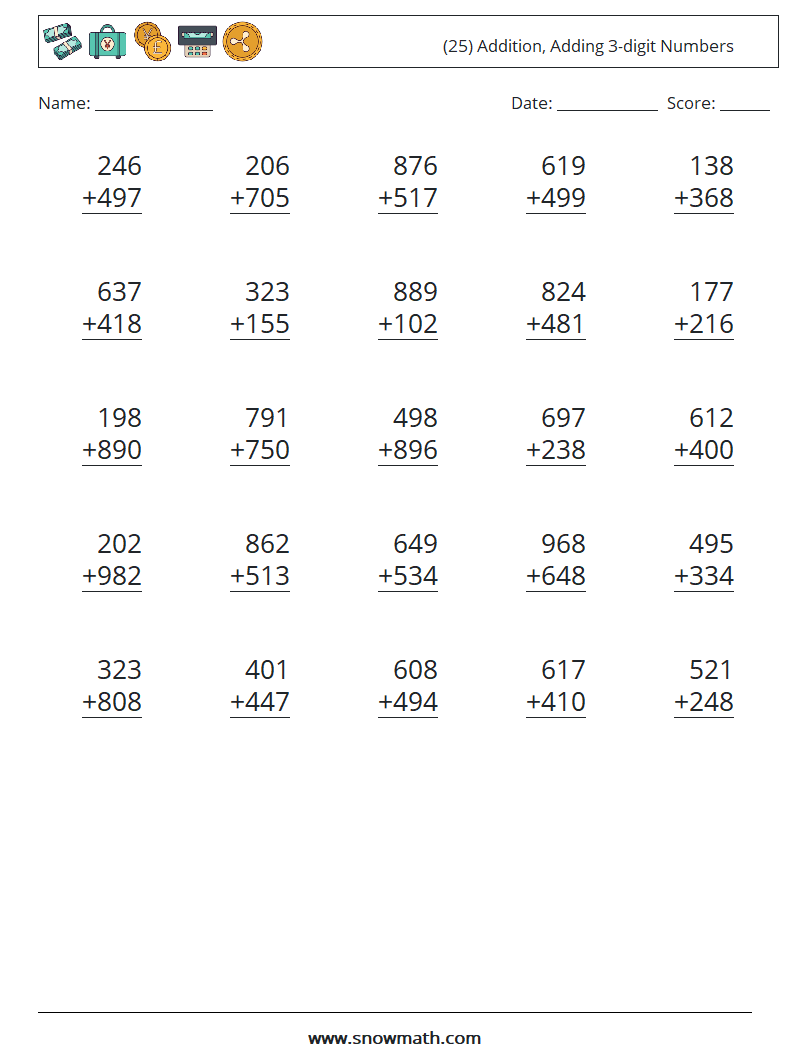 (25) Addition, Adding 3-digit Numbers Math Worksheets 8