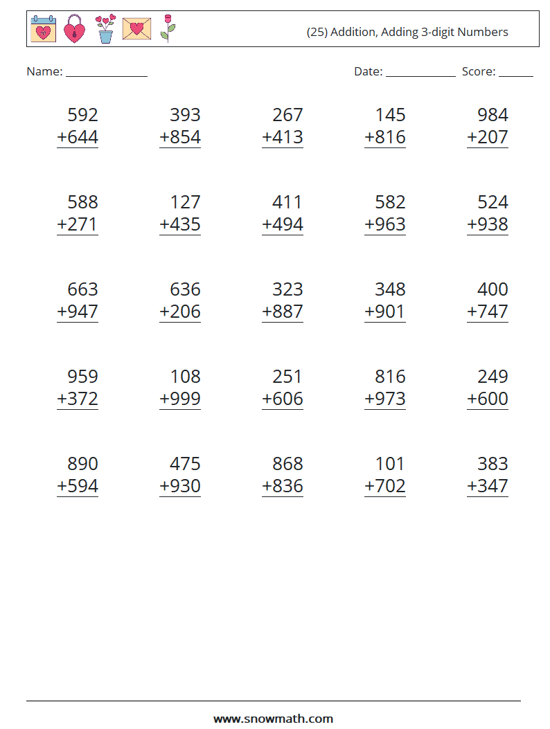 (25) Addition, Adding 3-digit Numbers Math Worksheets 9