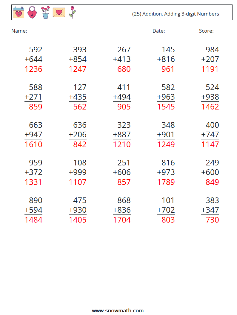 (25) Addition, Adding 3-digit Numbers Math Worksheets 9 Question, Answer