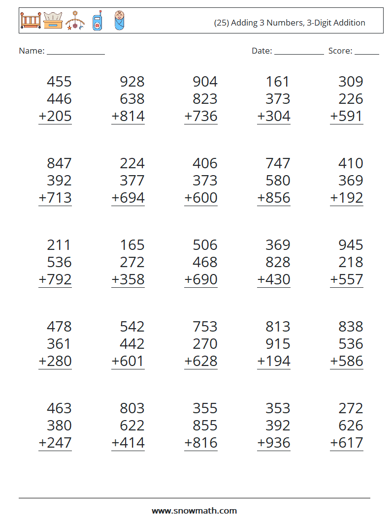 (25) Adding 3 Numbers, 3-Digit Addition Math Worksheets 1