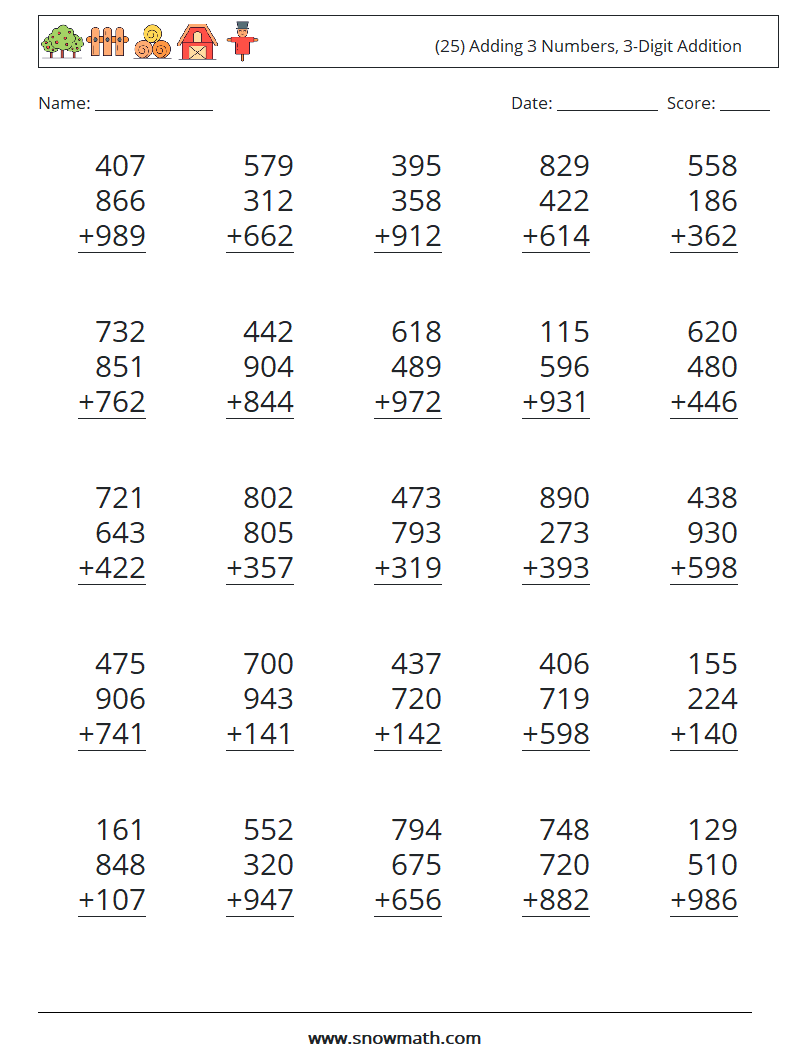 (25) Adding 3 Numbers, 3-Digit Addition Math Worksheets 10