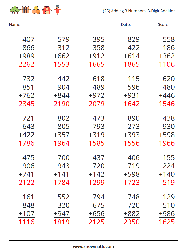 (25) Adding 3 Numbers, 3-Digit Addition Math Worksheets 10 Question, Answer