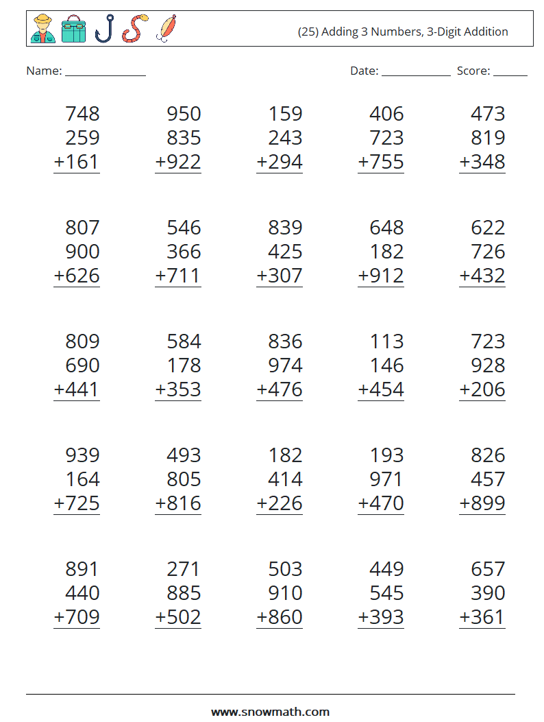 (25) Adding 3 Numbers, 3-Digit Addition Math Worksheets 11