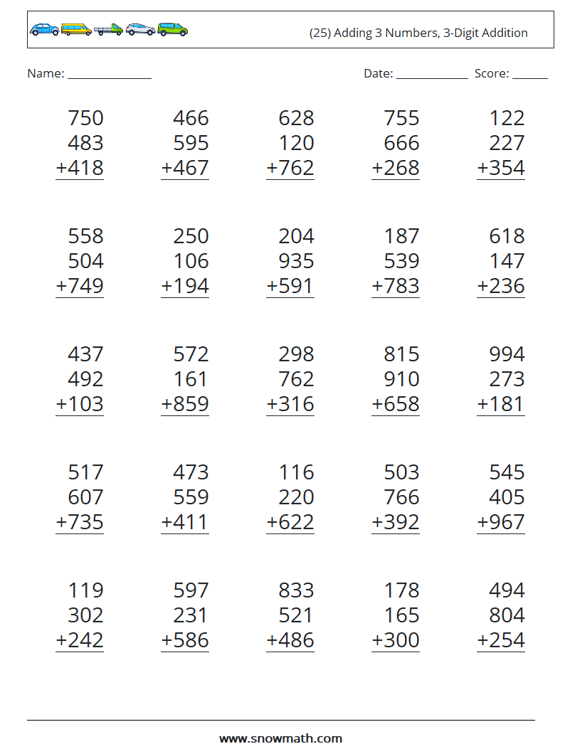 (25) Adding 3 Numbers, 3-Digit Addition Math Worksheets 13