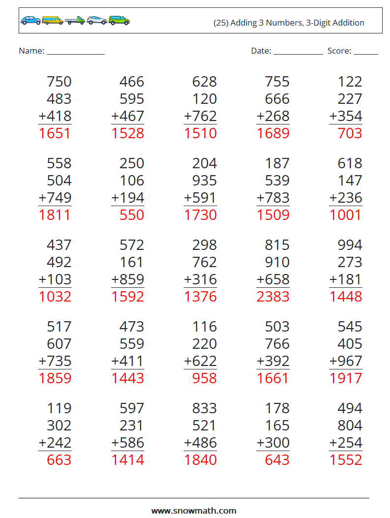(25) Adding 3 Numbers, 3-Digit Addition Math Worksheets 13 Question, Answer