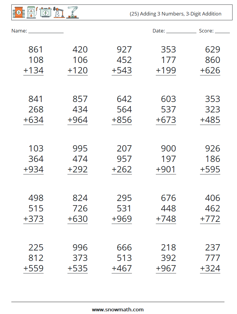 (25) Adding 3 Numbers, 3-Digit Addition Math Worksheets 15