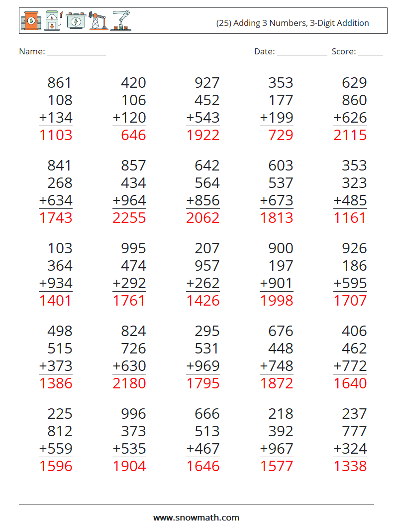 (25) Adding 3 Numbers, 3-Digit Addition Math Worksheets 15 Question, Answer