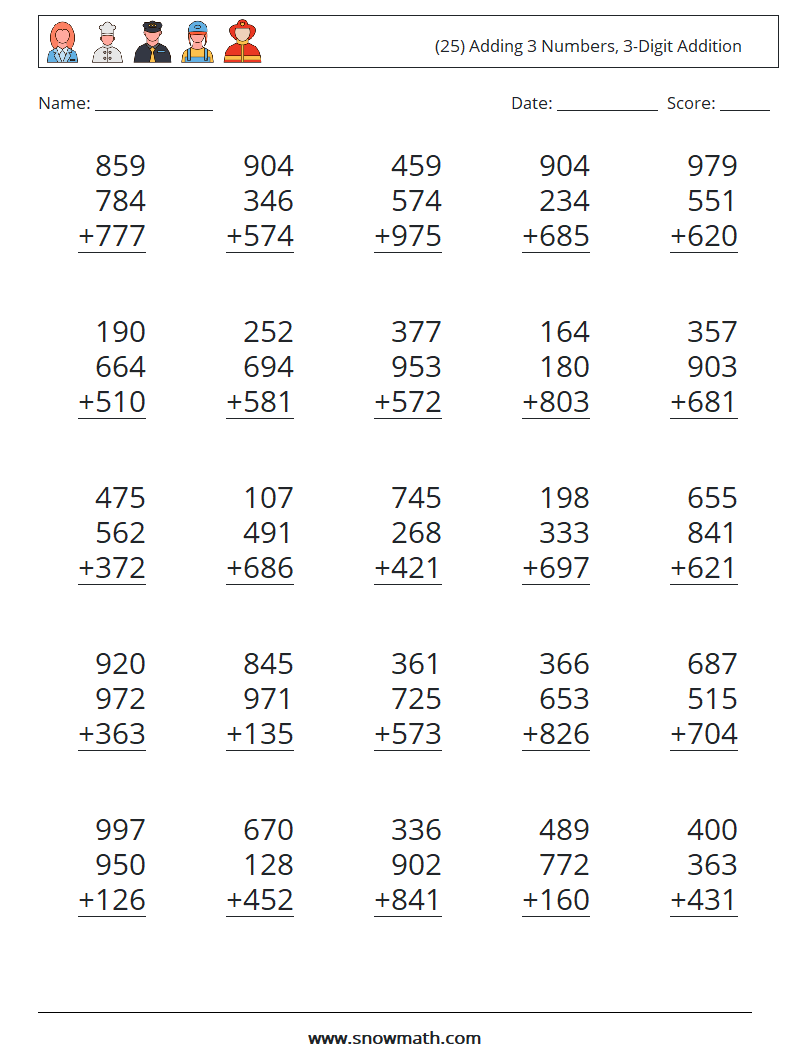 (25) Adding 3 Numbers, 3-Digit Addition Math Worksheets 17