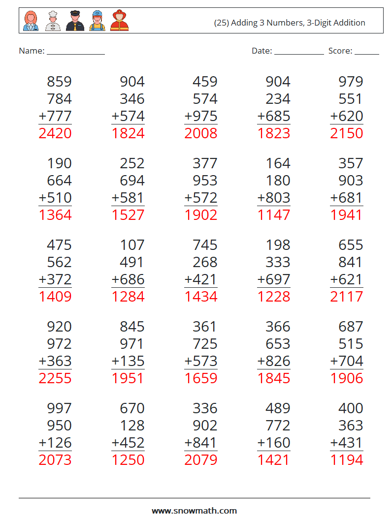 (25) Adding 3 Numbers, 3-Digit Addition Math Worksheets 17 Question, Answer