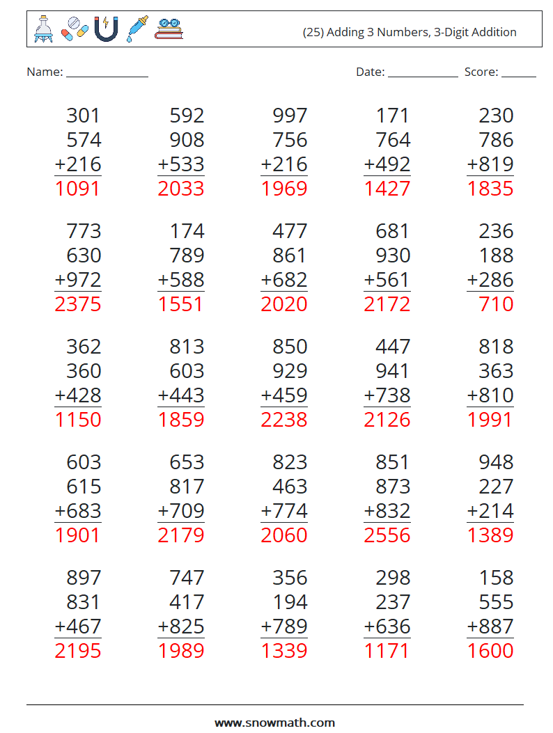 (25) Adding 3 Numbers, 3-Digit Addition Math Worksheets 18 Question, Answer