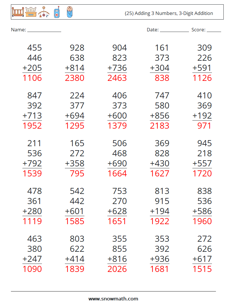 (25) Adding 3 Numbers, 3-Digit Addition Math Worksheets 1 Question, Answer