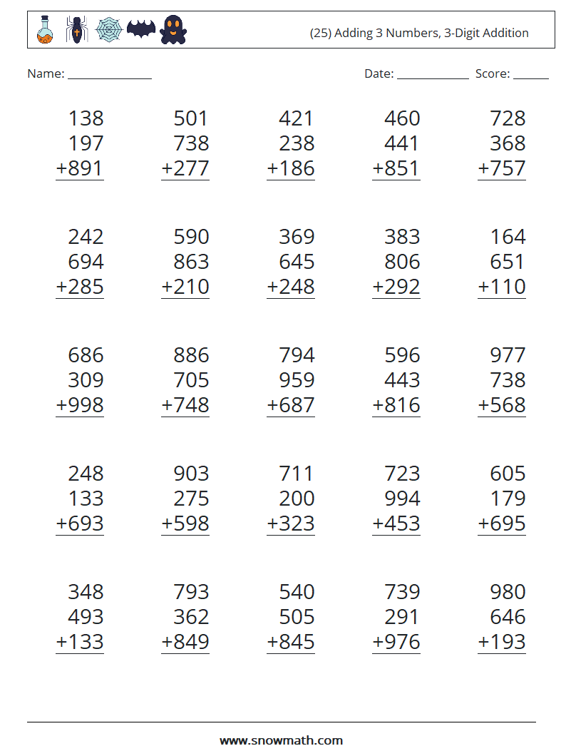 (25) Adding 3 Numbers, 3-Digit Addition Math Worksheets 2