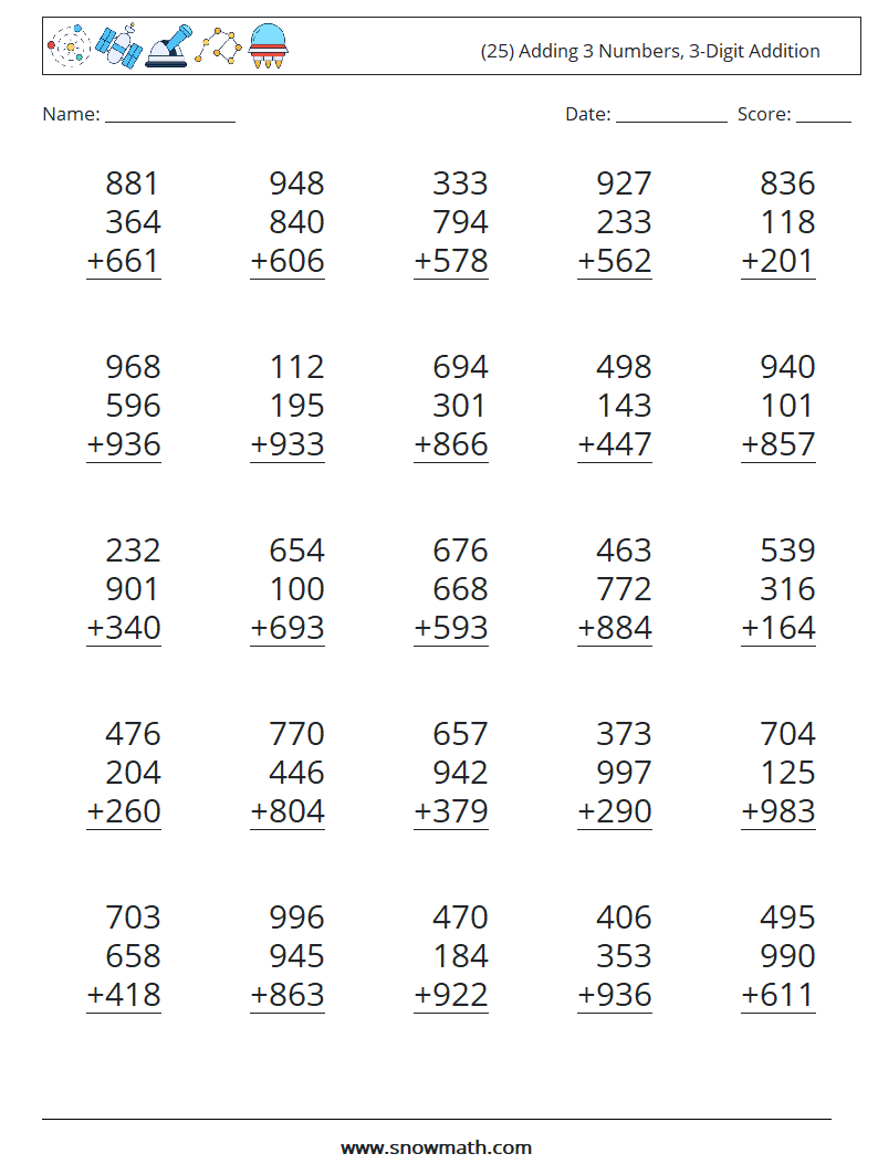 (25) Adding 3 Numbers, 3-Digit Addition Math Worksheets 3