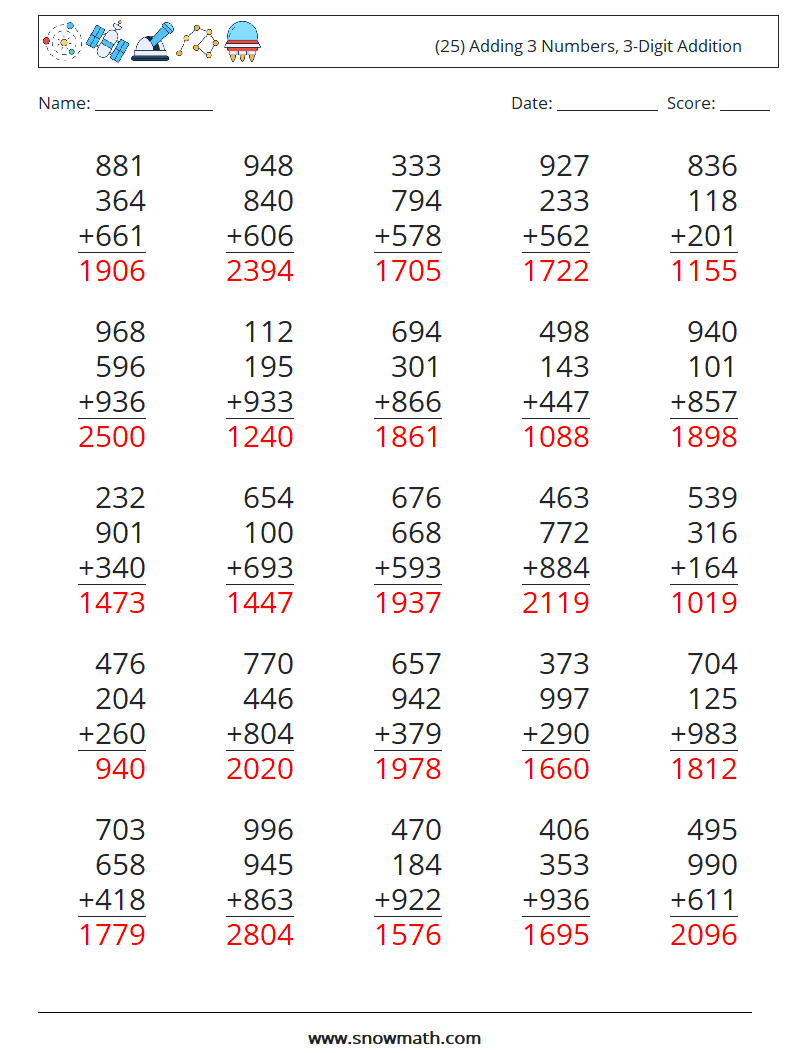 (25) Adding 3 Numbers, 3-Digit Addition Math Worksheets 3 Question, Answer