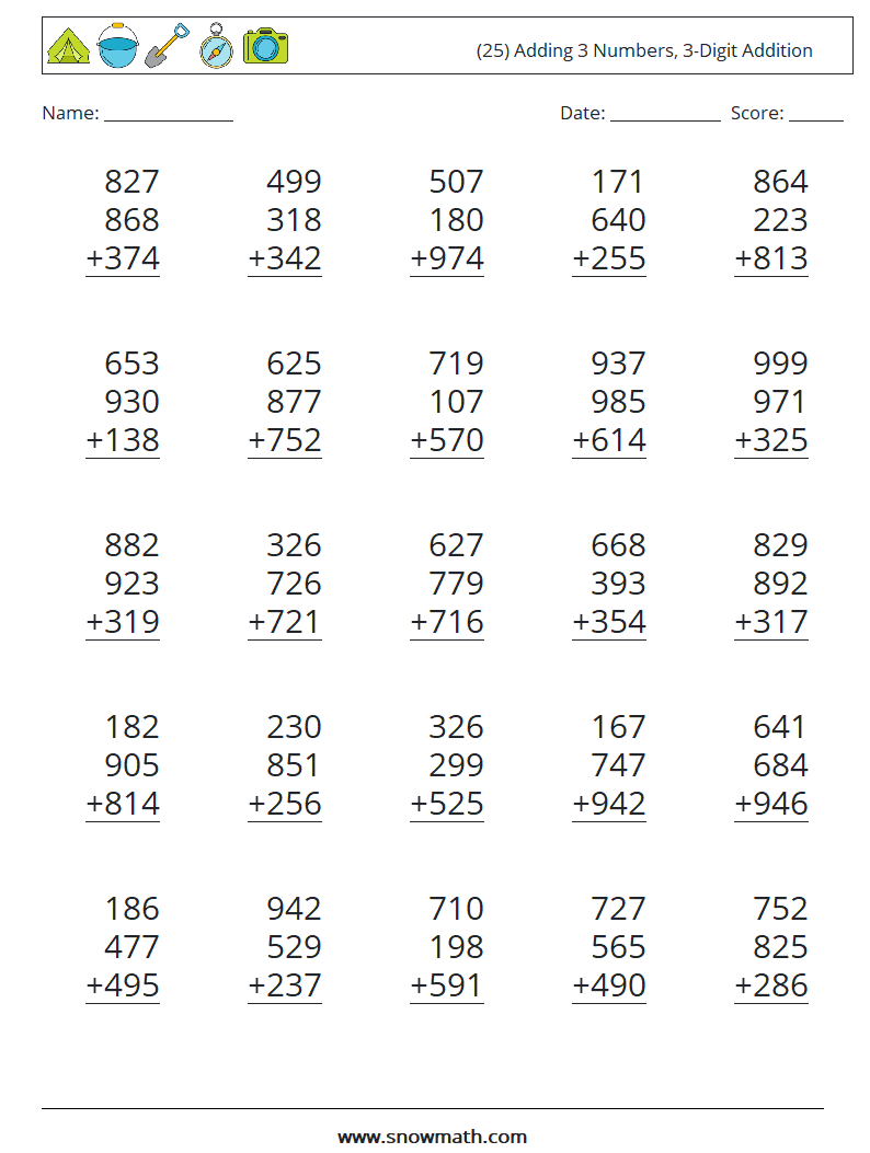 (25) Adding 3 Numbers, 3-Digit Addition Math Worksheets 4