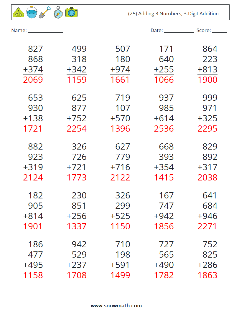 (25) Adding 3 Numbers, 3-Digit Addition Math Worksheets 4 Question, Answer