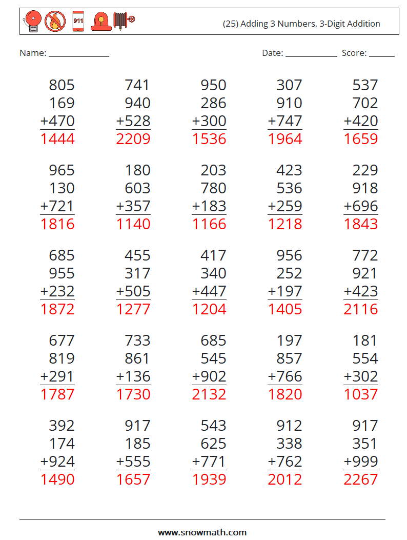 (25) Adding 3 Numbers, 3-Digit Addition Math Worksheets 5 Question, Answer