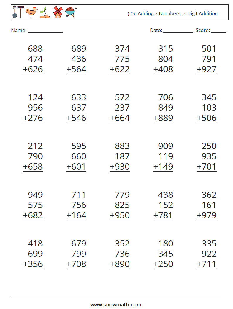 (25) Adding 3 Numbers, 3-Digit Addition Math Worksheets 6